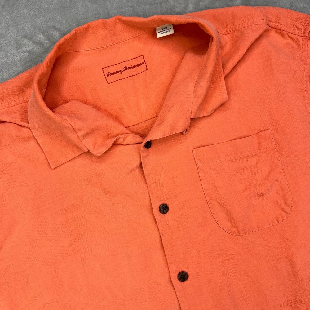 Tommy Bahama Camp Shirt Men 2XB Big Orange Tonal Palm Jacquard Silk Short Sleeve